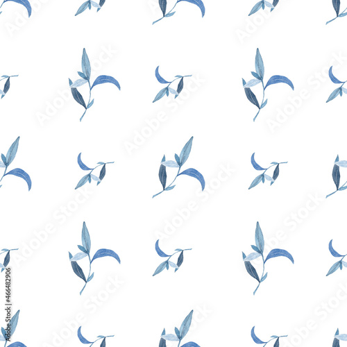 Watercolor color blue leaves seamless pattern. Watercolor fabric. Repeat leaves. Use for design invitations  birthdays  weddings