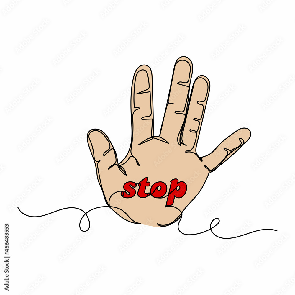 Vector continuous one single line drawing icon of drawing of stop crime, violence, abuse concept in silhouette on a white background. Linear stylized.