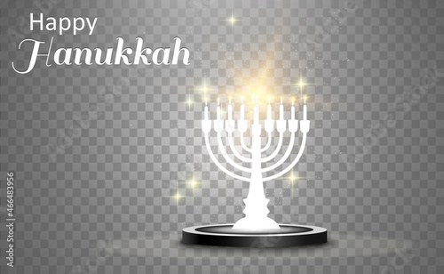 Hanukkah greeting card on a beautiful background with stars of David and an Israeli candlestick.
