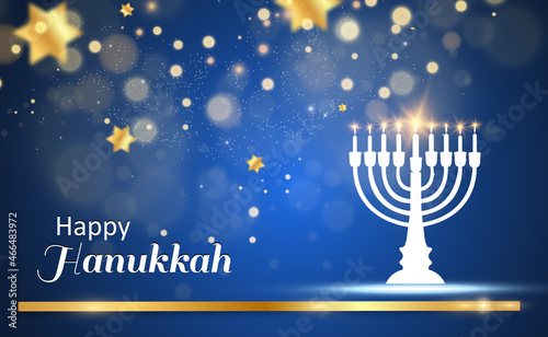 Hanukkah greeting card on a beautiful background with stars of David and an Israeli candlestick.