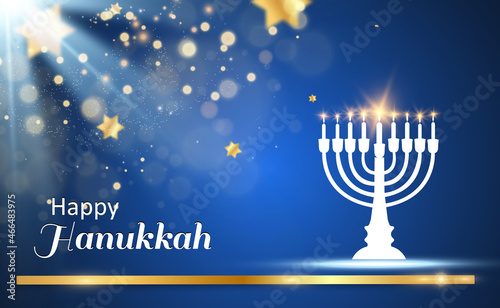 Hanukkah greeting card on a beautiful background with stars of David and an Israeli candlestick.