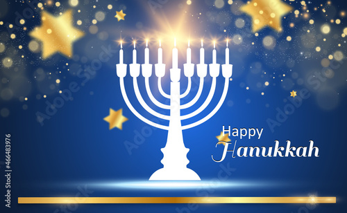 Hanukkah greeting card on a beautiful background with stars of David and an Israeli candlestick.