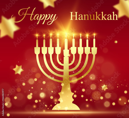 Hanukkah greeting card on a beautiful background with stars of David and an Israeli candlestick.