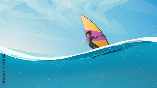 woman riding on windsurf view on waterline
