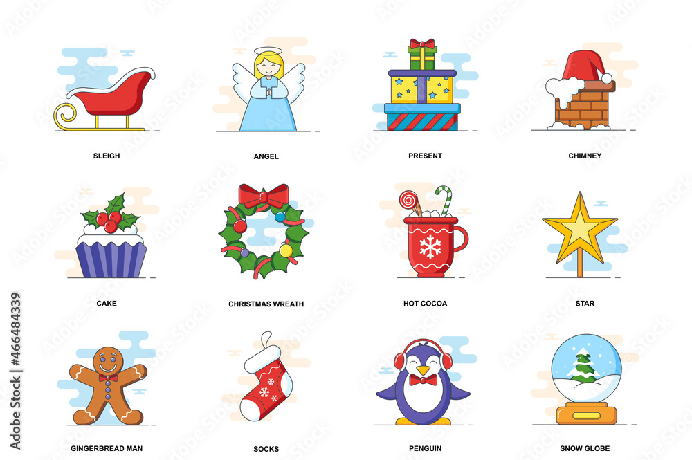 Christmas web concept stroke flat line icons isolated set. Merry Xmas holiday bundle. Graphic linear symbols collection for website design. Vector conceptual pack outline pictograms for mobile app