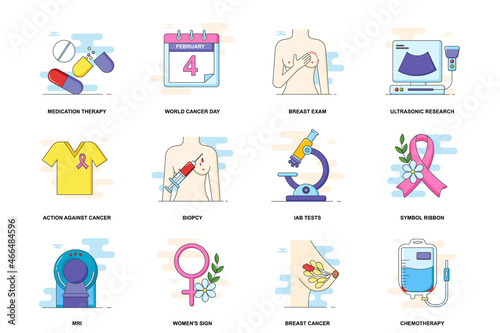 Fight cancer web concept stroke flat line icons isolated set. Prevention, therapy bundle. Graphic linear symbols collection for website design. Vector conceptual pack outline pictograms for mobile app