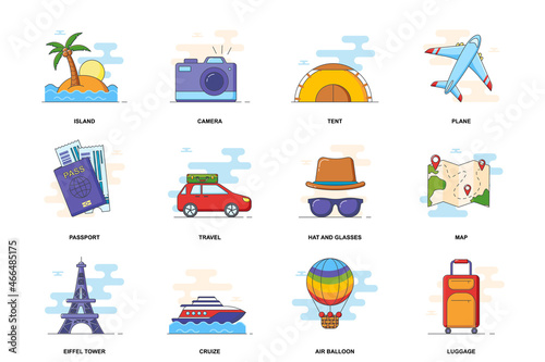 Travel web concept stroke flat line icons isolated set. Tourism vacation items bundle. Graphic linear symbols collection for website design. Vector conceptual pack outline pictograms for mobile app