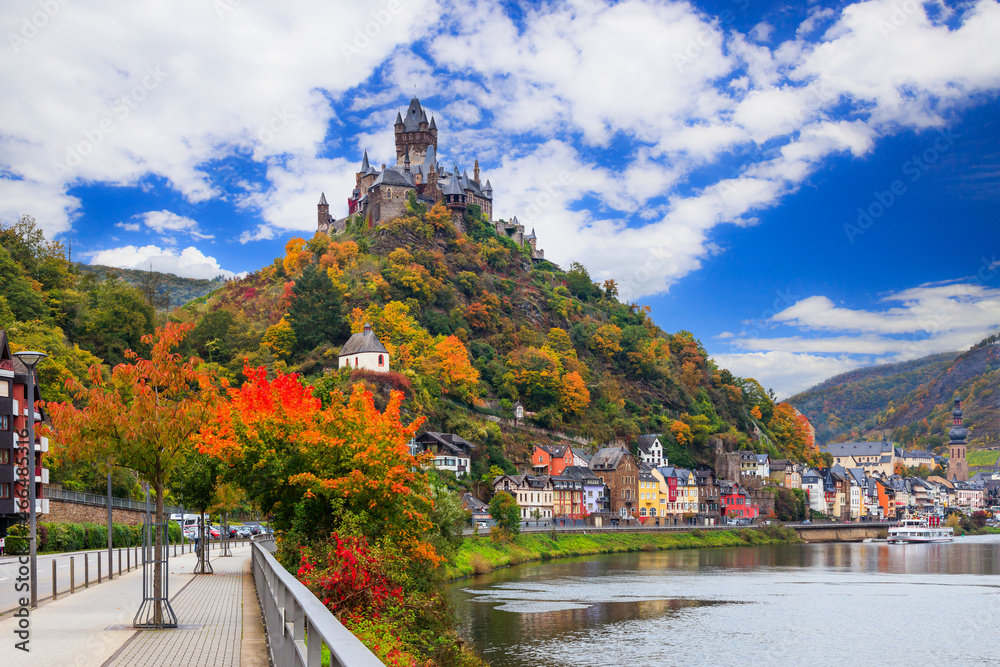 Cochem, Germany. Old town and the Cochem (Reichsburg) castle on the Moselle river.