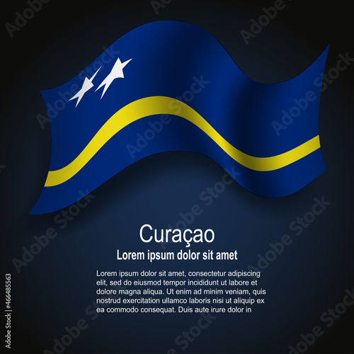 Flag of Curacao flying on dark background with text