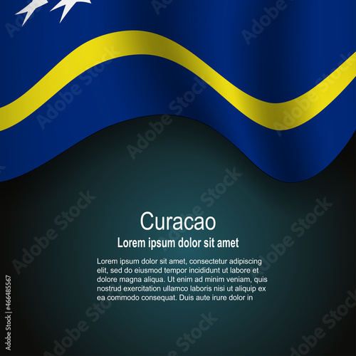 Flag of Curacao flying on dark background with text