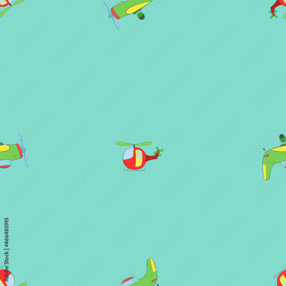 A seamless vector pattern of toy helicopters and airplanes on light turquoise background. Designed in different colors for web concepts, prints, wraps, wallpapers, backgrounds, templates.