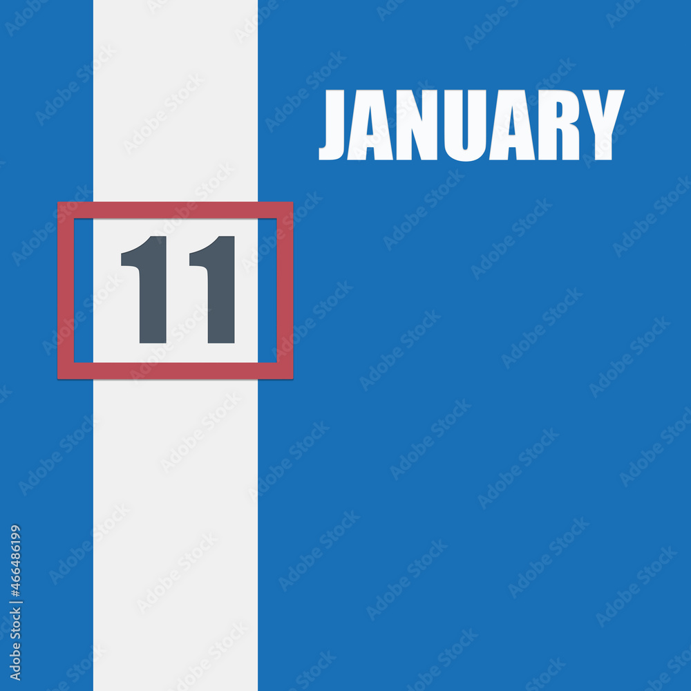 Fototapeta premium january 11. 11th day of month, calendar date.Blue background with white stripe and red number slider. Concept of day of year, time planner, winter month.