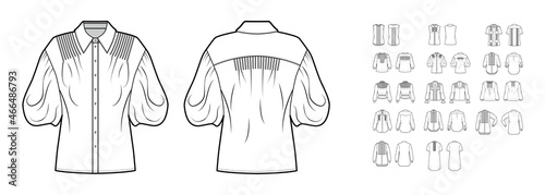 Set of pintucked shirts blouses technical fashion illustration with fitted oversized body, short elbow long sleeves. Flat apparel template front, back, white color style. Women, men, unisex CAD mockup