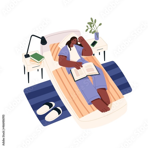 Person sleeping. Woman falling asleep while reading book. Student lying on pillow in bed and napping in bedroom. Sleepy female relaxing at home. Flat vector illustration isolated on white background