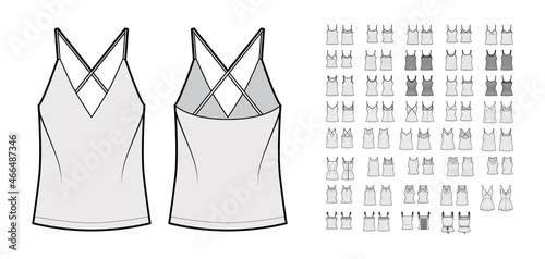 Fototapeta Set of camisole tops, shirts, tanks, blouses technical fashion illustration with wide narrow shoulder straps, fitted oversized body