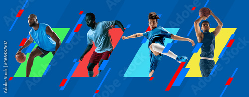 Sport collage. Multiethnic men, professional basketball and football players in action isolated on bright colorful geometric background.
