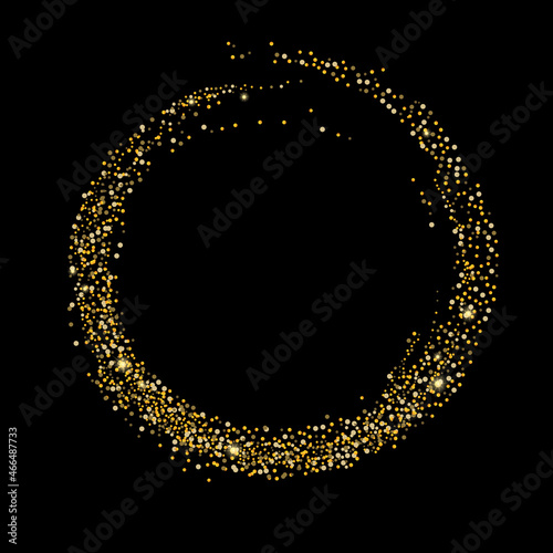 Gold glitter confetti on a black background. Scattered in a circle are shiny particles, sand. Decorative element, golden zen. Luxury background for your design, postcard, vector
