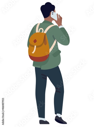 People with phones. Man talking on phone, young boy with backpack back view, social communication, using gadget and electronic device. Teenager with smartphone vector illustration
