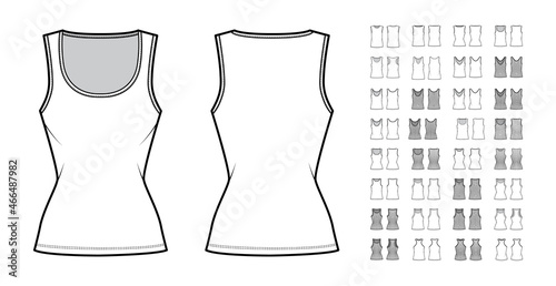 Set of tanks, sleeveless tops, blouses technical fashion illustration with fitted oversized body, scoop neck, short. Flat apparel template front, back, white grey color. Women, men unisex CAD mockup