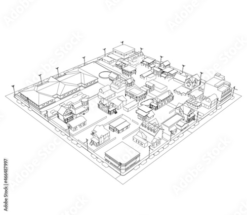 Outline of a quarter of a small town from black lines isolated on a white background. Isometric view. Vector illustration