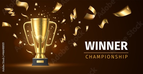 Golden champion cup banner. Award ceremony. Shining goblet with sparkling confetti. Realistic winner prize. Championship congratulation gift. Sport competition reward. Vector concept