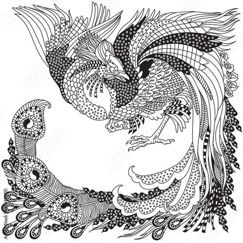 Chinese phoenix or Feng Huang Fenghuang mythological bird. One of celestial feng shui animals. Graphic style vector illustration. Black and white
