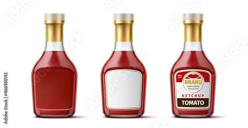 Realistic ketchup bottle mockup. Clean tomato sauce glass container with empty label and designed. Condiment packaging for branding. Preserved vegetable dressing. Vector 3D packages set