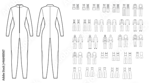Set of jumpsuits overall technical fashion illustration with mini midi knee ankle length, long sleeves, straps, strapless, pockets. Flat front, back, white color style. Women, men unisex CAD mockup