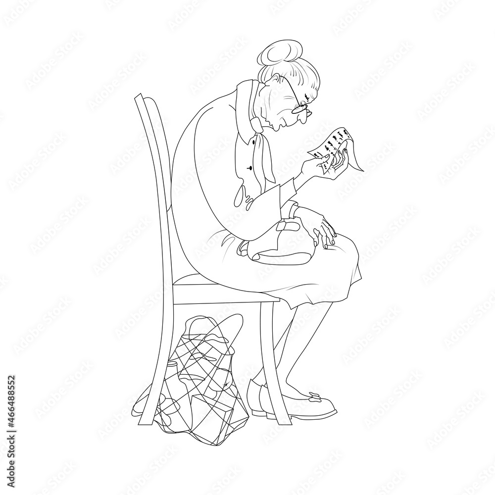 Obraz premium An old retired woman examines a check, an invoice for the purchase of groceries. Poverty old age concept.