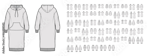 Set of casual Dresses technical fashion illustration with long short elbow sleeves, turtleneck hoody, knee modi mini length skirt. Flat apparel front, back, grey color style. Women unisex CAD mockup