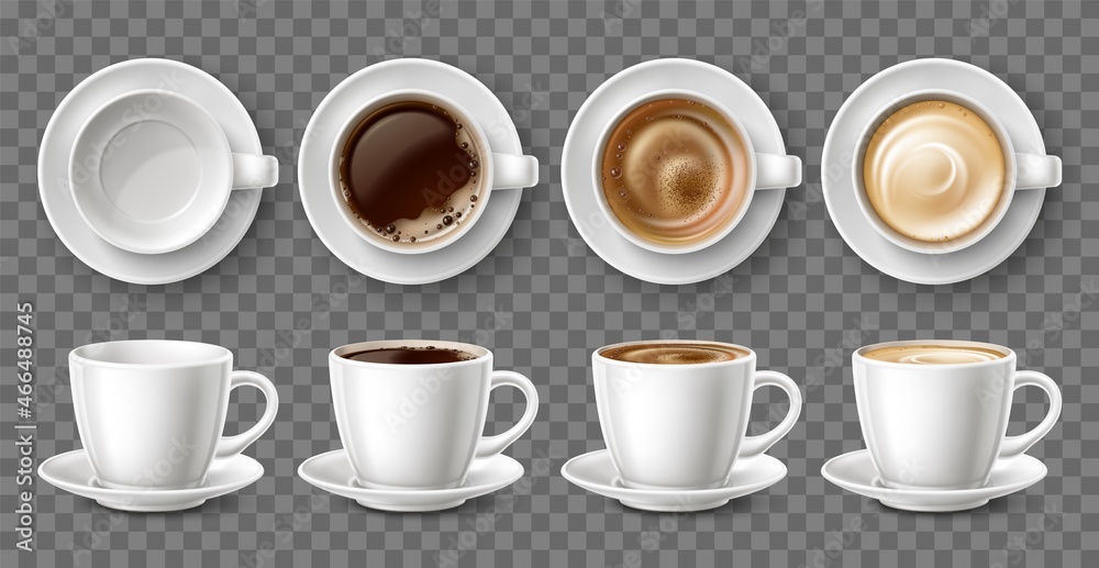 Realistic coffee cups. Porcelain mugs and saucers pair with different types drinks. Top and side view of ceramic tableware. Cappuccino and latte. 3D white coffeecups. Vector utensil set