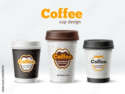 Paper coffee cup design. Realistic cardboard take away mugs. Street hot drink different volumes with printed branding. Caffeine beverage. Vector disposable glasses set with plastic lids