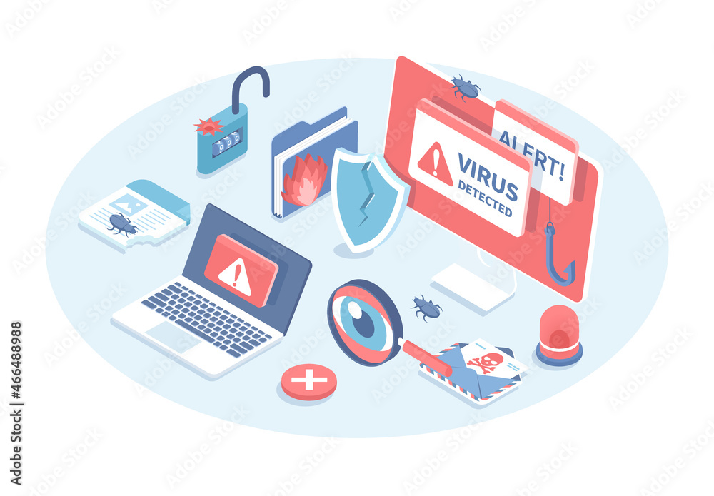 Computer virus attack. Warning messages virus detected on computer screen. Data breaches and hacks. Vector illustration in 3d design. Isometric web banner.
