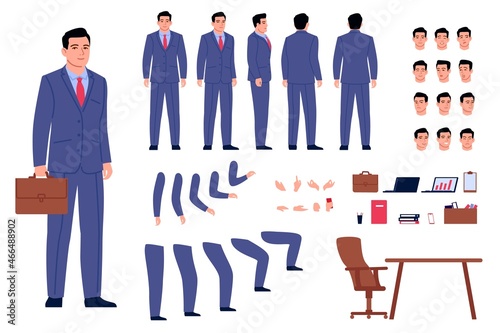 Businessman creation. Clerk male character editor kit. Isolated different body parts in various positions and gestures. Emotional faces. Workplace elements. Vector employee generator set