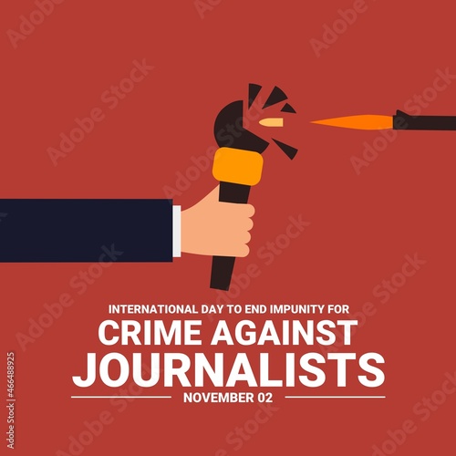 Vector illustration, of a journalist's hand holding a microphone hit by a bullet, as a banner or poster, International Day to End Impunity for Crimes Against Journalists.