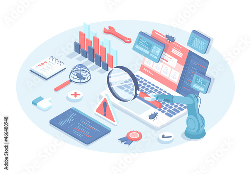 Application software code testing. Software development and debugging. Search for errors and bugs. Vector illustration in 3d design. Isometric web banner.
