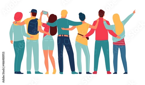 Back view friends group. Hugging people team. Standing male and female characters. Men and women company. Fun students. Cheerful persons posing for selfies. Vector friendship concept