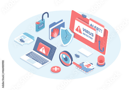 Computer virus attack. Warning messages virus detected on computer screen. Data breaches and hacks. Vector illustration in 3d design. Isometric web banner.