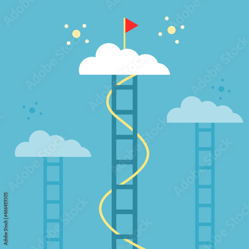 Stairs business step to red flag goal success on white cloud flat vector design.