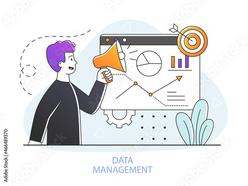 Data driven marketing concept. Man analyzes and manages data. Character with megaphone promotes and advertises company. Attracting new customers to achieve success. Cartoon flat vector illustration