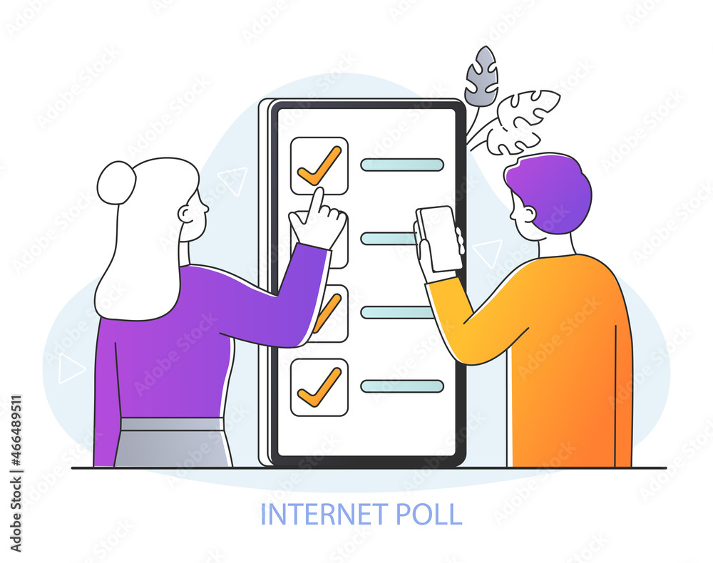 Internet poll concept. Man and woman stand next to smartphone and answer questions. Improving quality of customer service. Users evaluate application. Online survey. Cartoon flat vector illustration Internet poll concept. Man and woman stand next to smartphone and answer questions. Improving quality of customer service. Users evaluate application. Online survey. Cartoon flat vector illustration