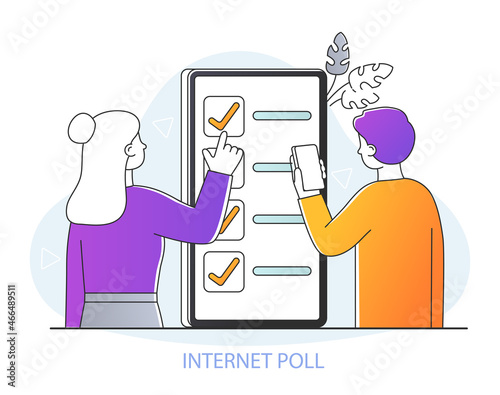 Internet poll concept. Man and woman stand next to smartphone and answer questions. Improving quality of customer service. Users evaluate application. Online survey. Cartoon flat vector illustration