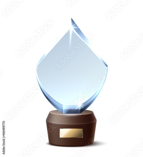 Realistic glass trophy. Modern shape crystal, winner award 3d element, empty template, sparkling figurine, pedestal with gold sign. Challenge or competition vector isolated illustration