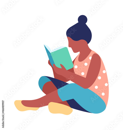 Woman reads book. Adult female character sitting and reading, bibliophile and book lover, getting knowledge, development and education, hobby and leisure time, vector isolated illustration