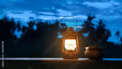 vintage lantern lids in the dark night on blur