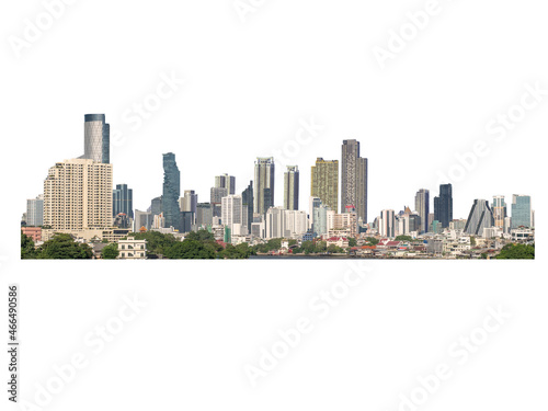 many buildings in downtown, panorama view of many images merged together and isolated on white background