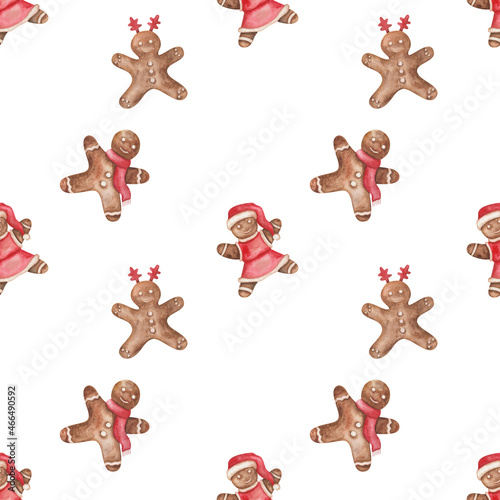 Watercolor seamless pattern from hand painted illustration of brown gingerbread cookies of little man, woman on white background. Design print for Christmas, New Year, winter packaging paper, textile