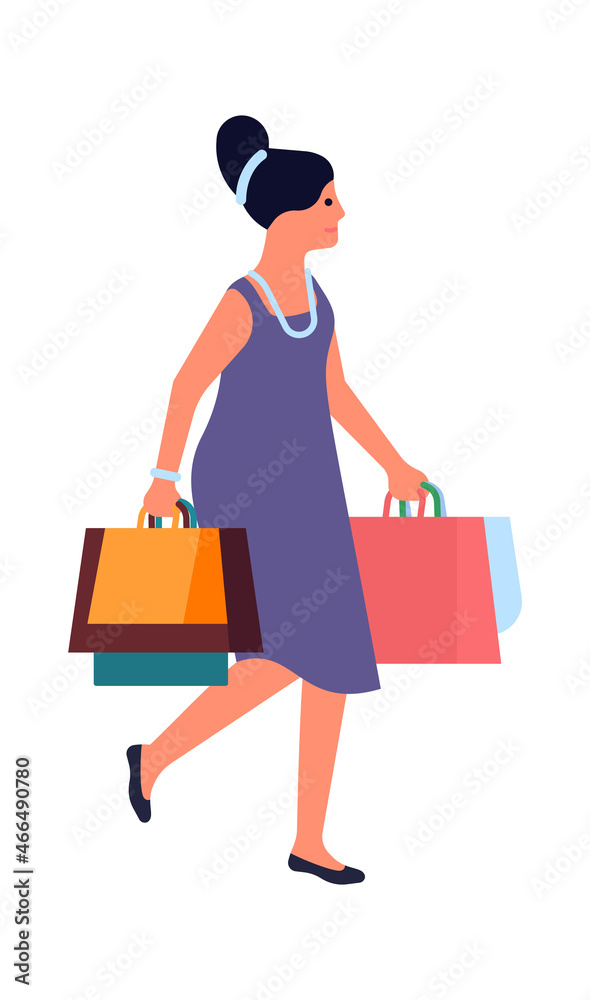 Shopping people. Women with shopper bags, consumer during period of discounts and sales, boutiques and shops female visitor. Buying gifts and presents. Vector cartoon isolated illustration