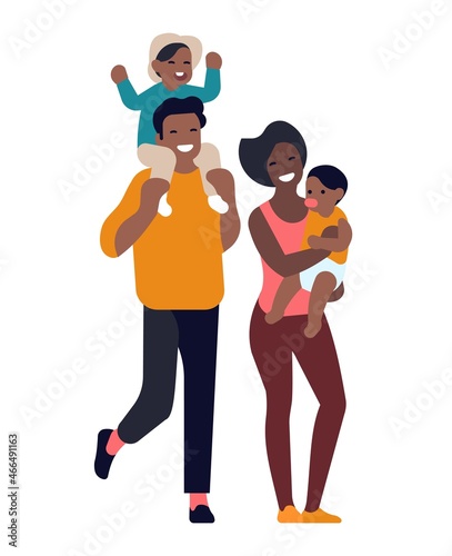 Happy family. Man and woman with twins  little kids walking with african americans parents  black mom and dad with boy and girl kids  parenthood and childhood concept  vector illustration