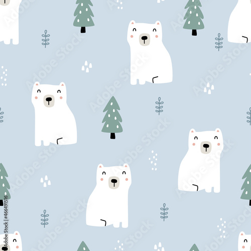 Seamless pattern of white bear and pine. Hand drawn cartoon animal background in children style Used for printing, wallpaper, decoration, textile vector illustration.